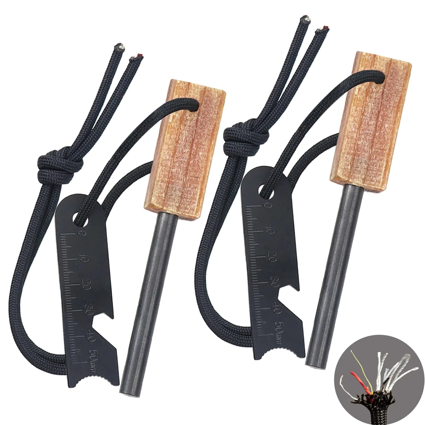 Fire Starter Survival Tool Kit Magnesium Ferro Rod-2 Packs 20000+ Strikes Pine Handle Survival Igniter with Neck Waxed Fire Tinder Paracord (28inch) & 6-in-1 Multi-Tool Striker