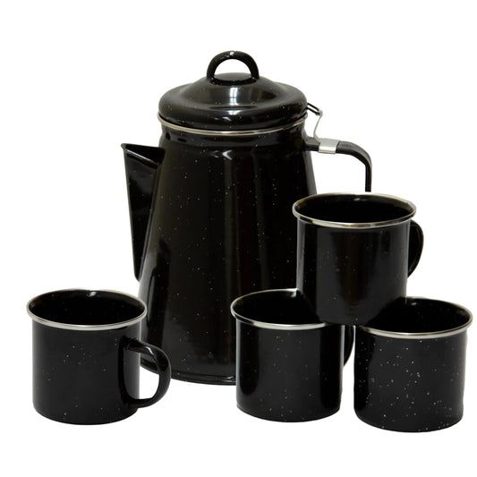 Campfire Coffee Set – Stansport Black Enamel (Percolator + 4 Mugs) or shorter: